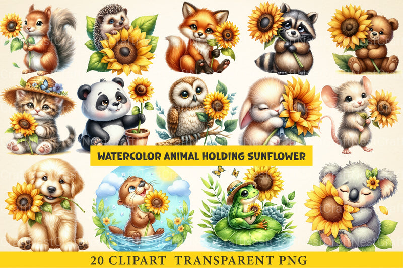 Animal Holding Sunflower Clipart Bundle - CraftNest - Digital Crafting and Art