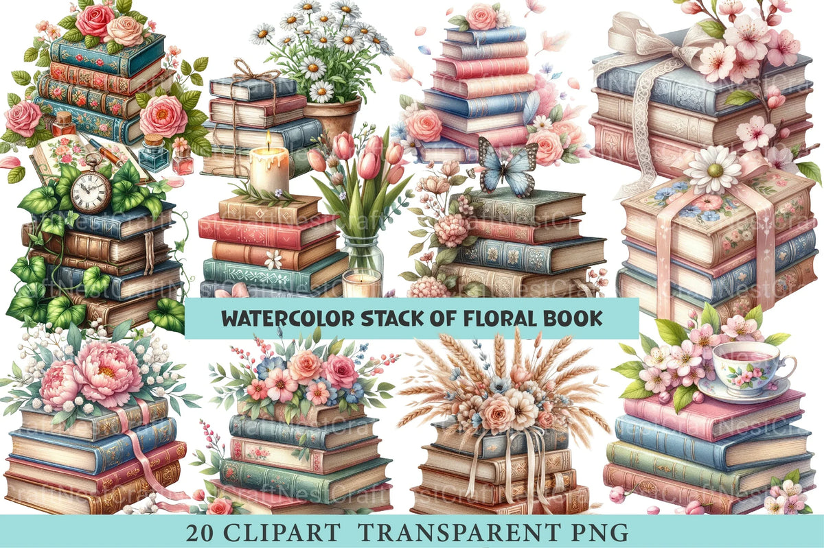 Spring Book Stack Spring Stack Of Floral Book Clipart Bundle