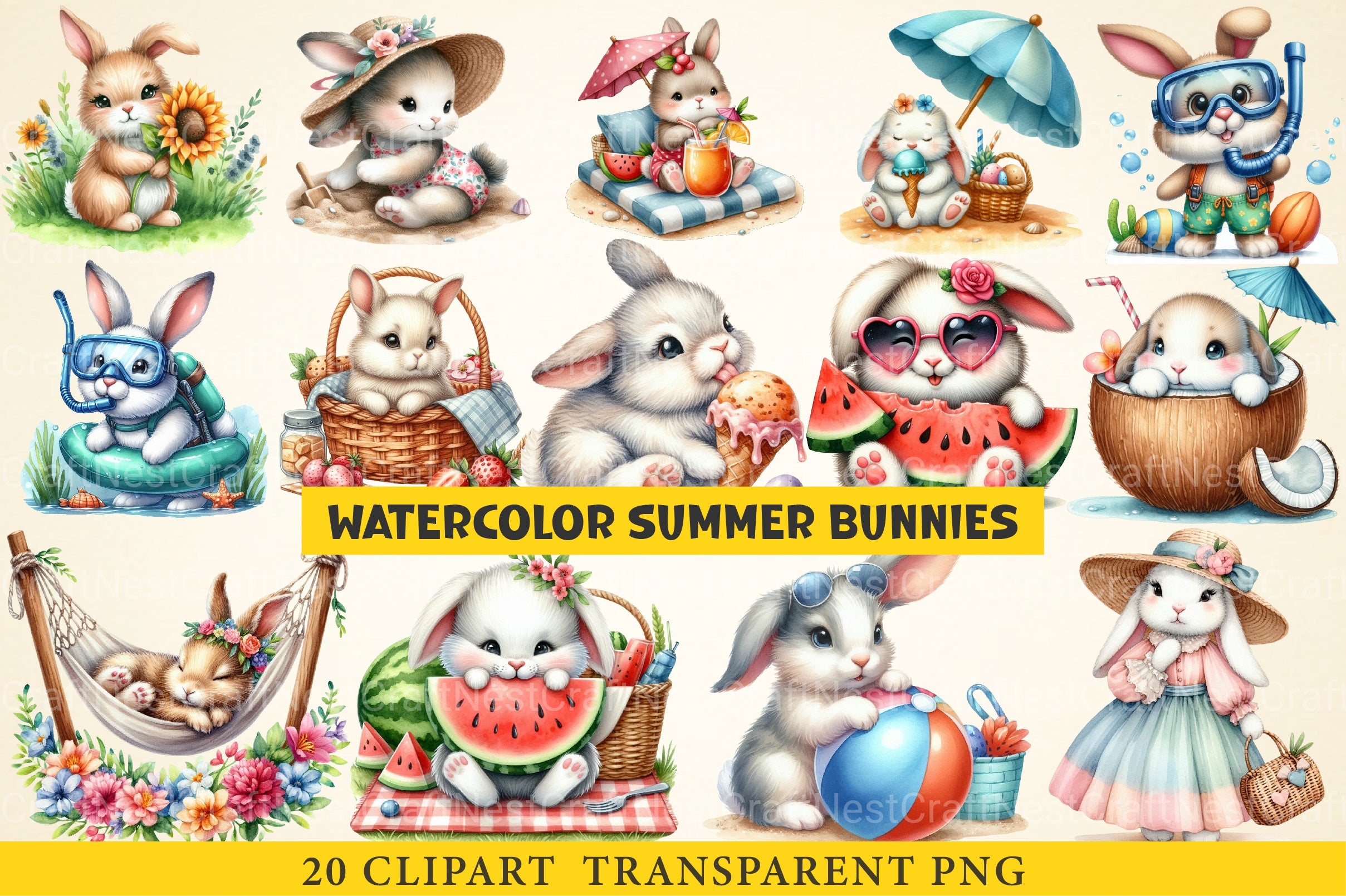 Summer Bunnies Clipart Bundle - CraftNest - Digital Crafting and Art