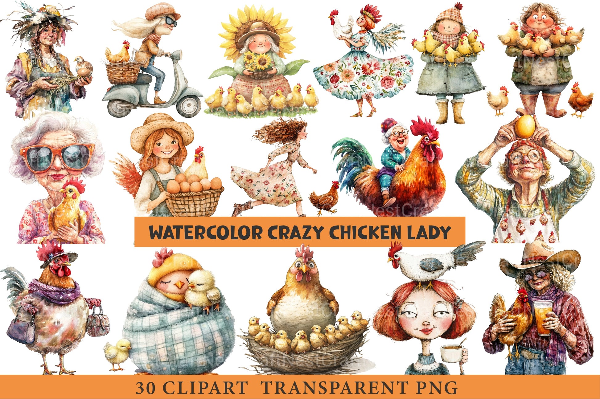 Crazy Chicken Lady Clipart Bundle - CraftNest - Digital Crafting and Art