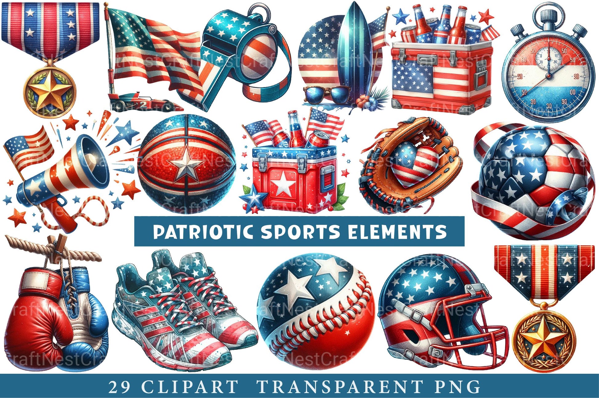 Patriotic Sports Elements Clipart - CraftNest - Digital Crafting and Art