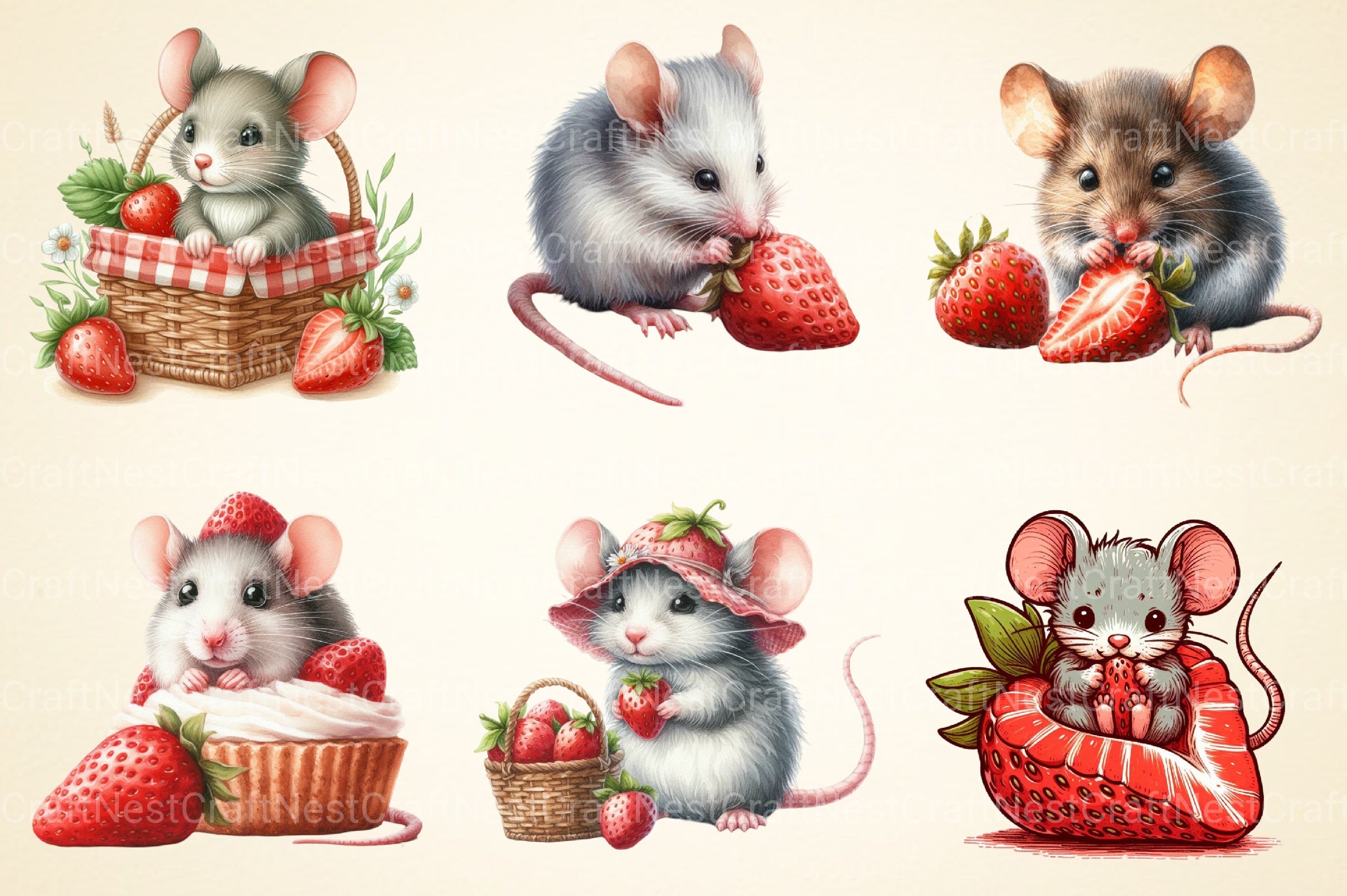 Mouse With Strawberry Clipart Bundle - CraftNest - Digital Crafting and Art
