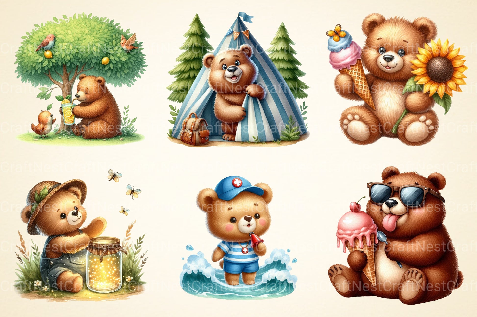 Summer Bear Clipart Bundle - CraftNest - Digital Crafting and Art