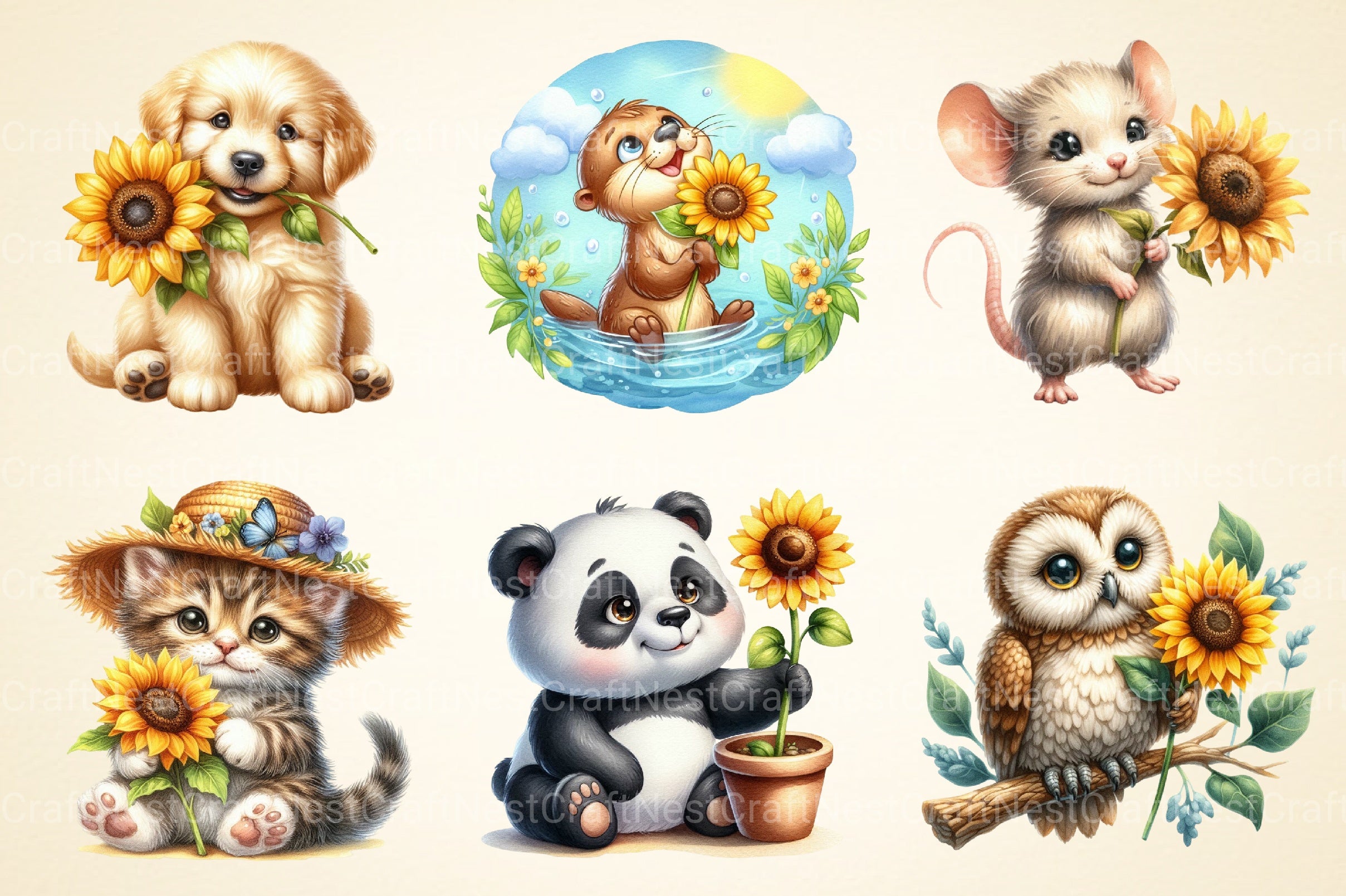 Animal Holding Sunflower Clipart Bundle - CraftNest - Digital Crafting and Art