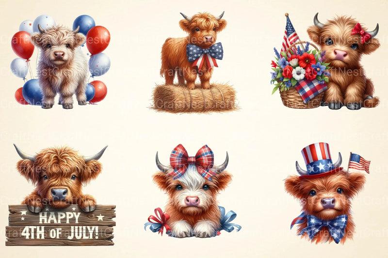 July 4th Highland Cow Clipart - CraftNest - Digital Crafting and Art