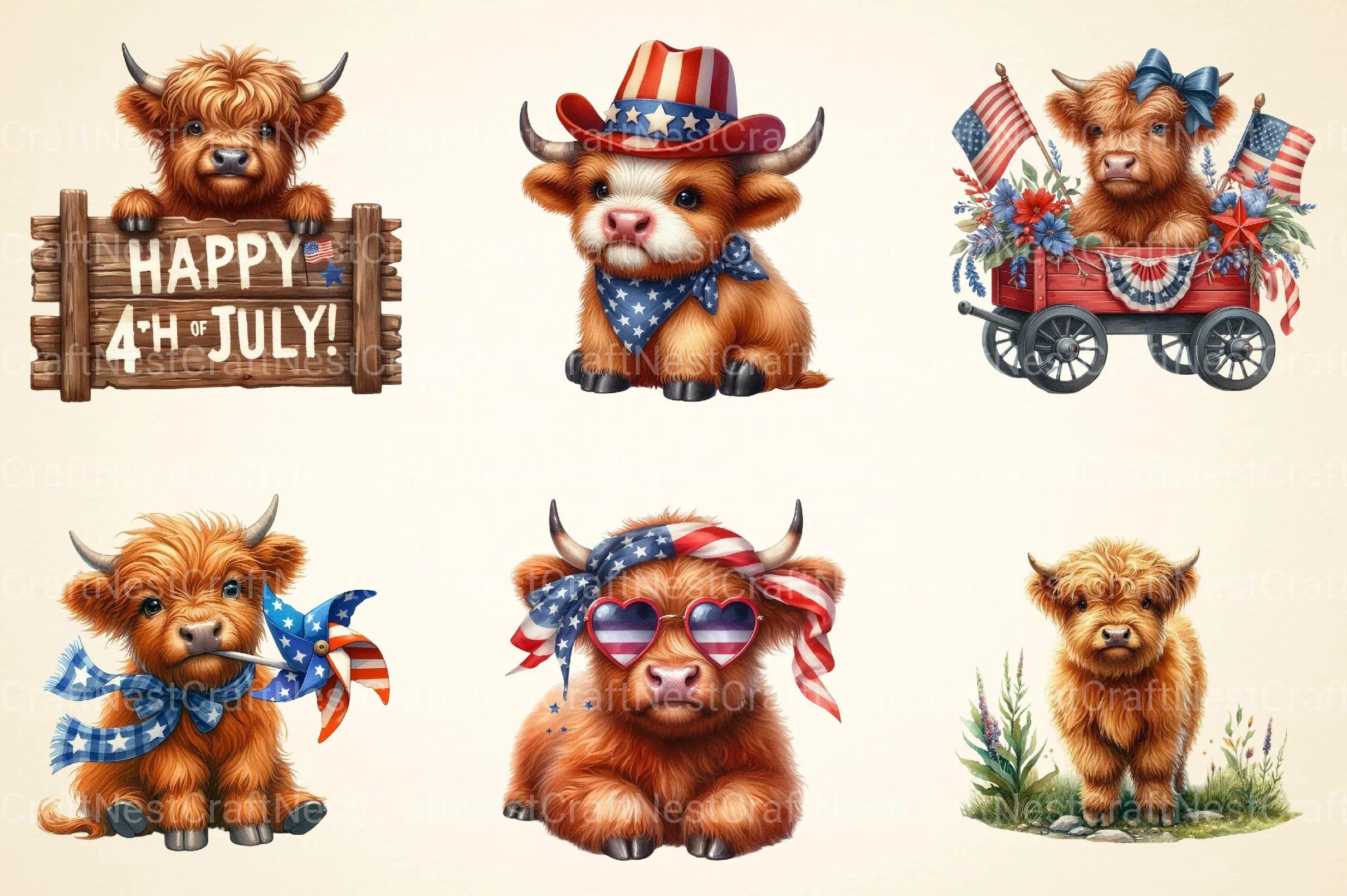 July 4th Highland Cow Clipart - CraftNest - Digital Crafting and Art
