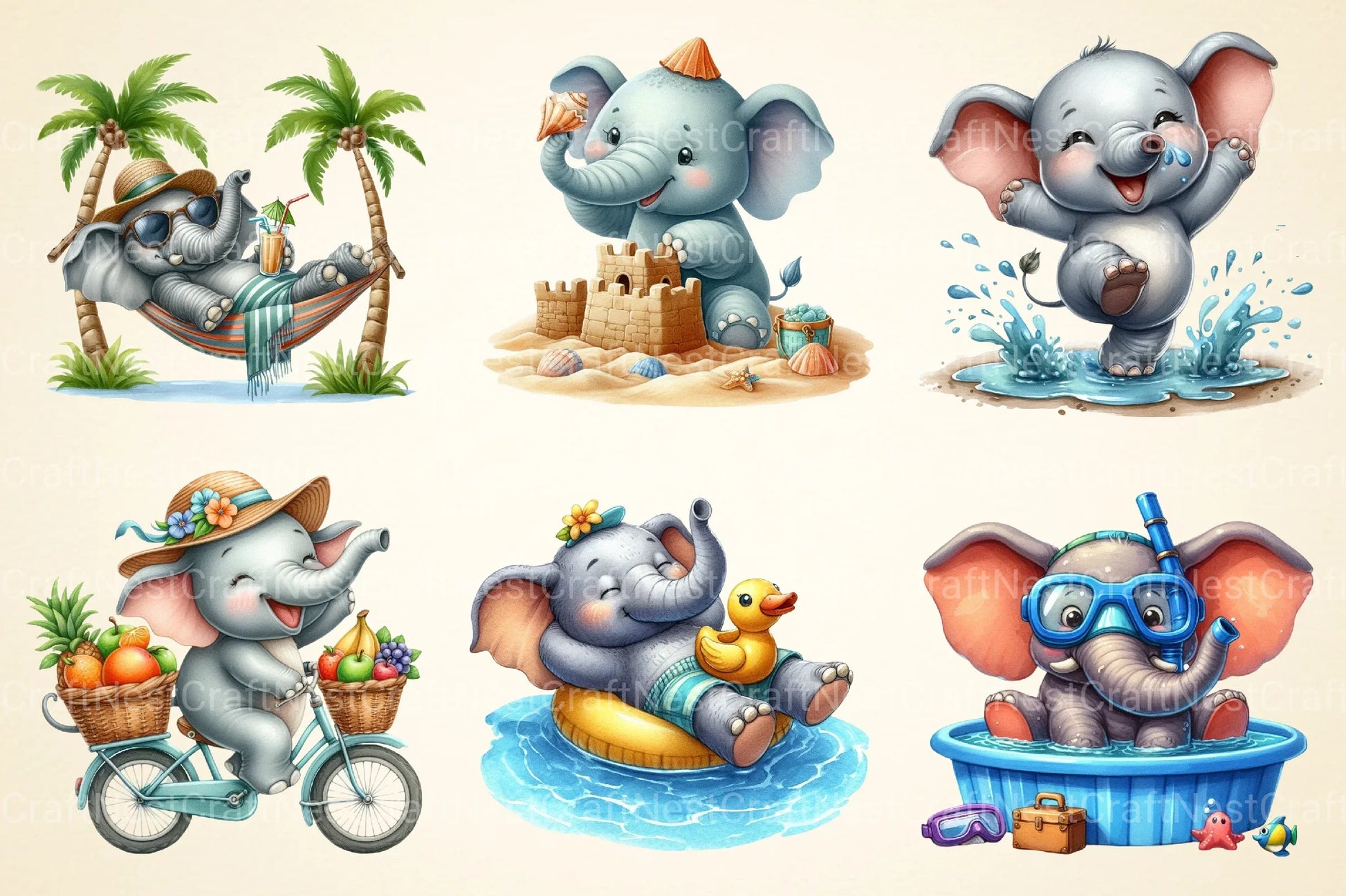 Summer Elephant Clipart Bundle - CraftNest - Digital Crafting and Art