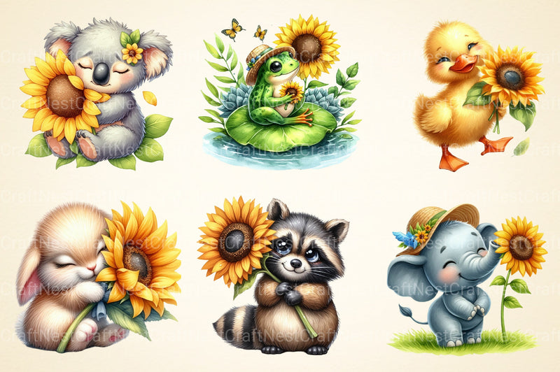 Animal Holding Sunflower Clipart Bundle - CraftNest - Digital Crafting and Art