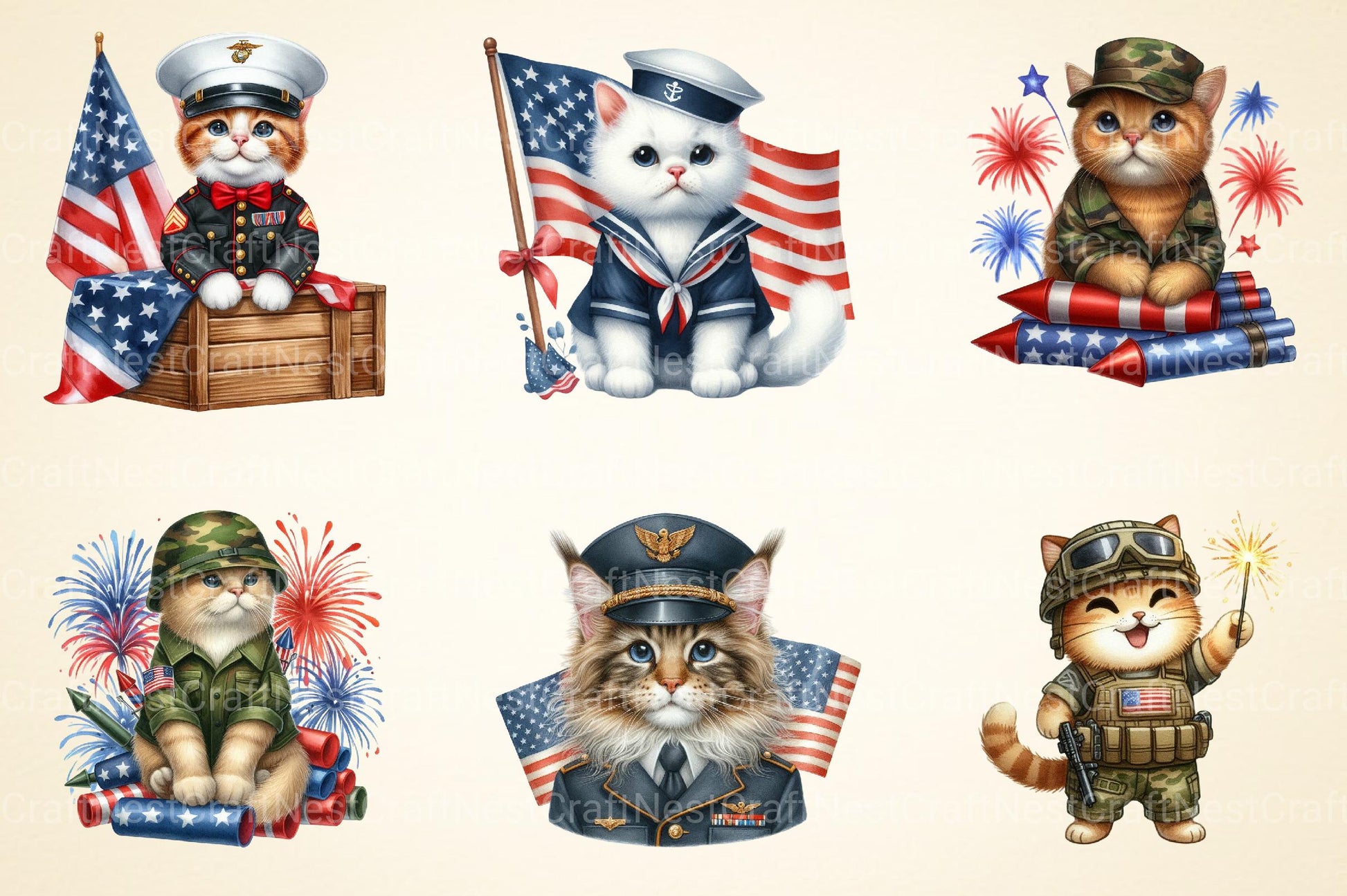 Cat in Military Clothes 4th of July Patriotic Clipart Cat Cl - CraftNest - Digital Crafting and Art