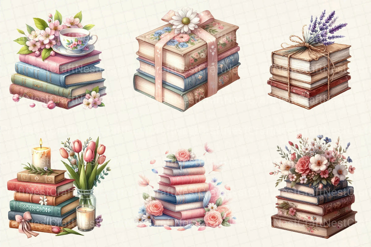 Spring Book Stack Spring Stack Of Floral Book Clipart Bundle