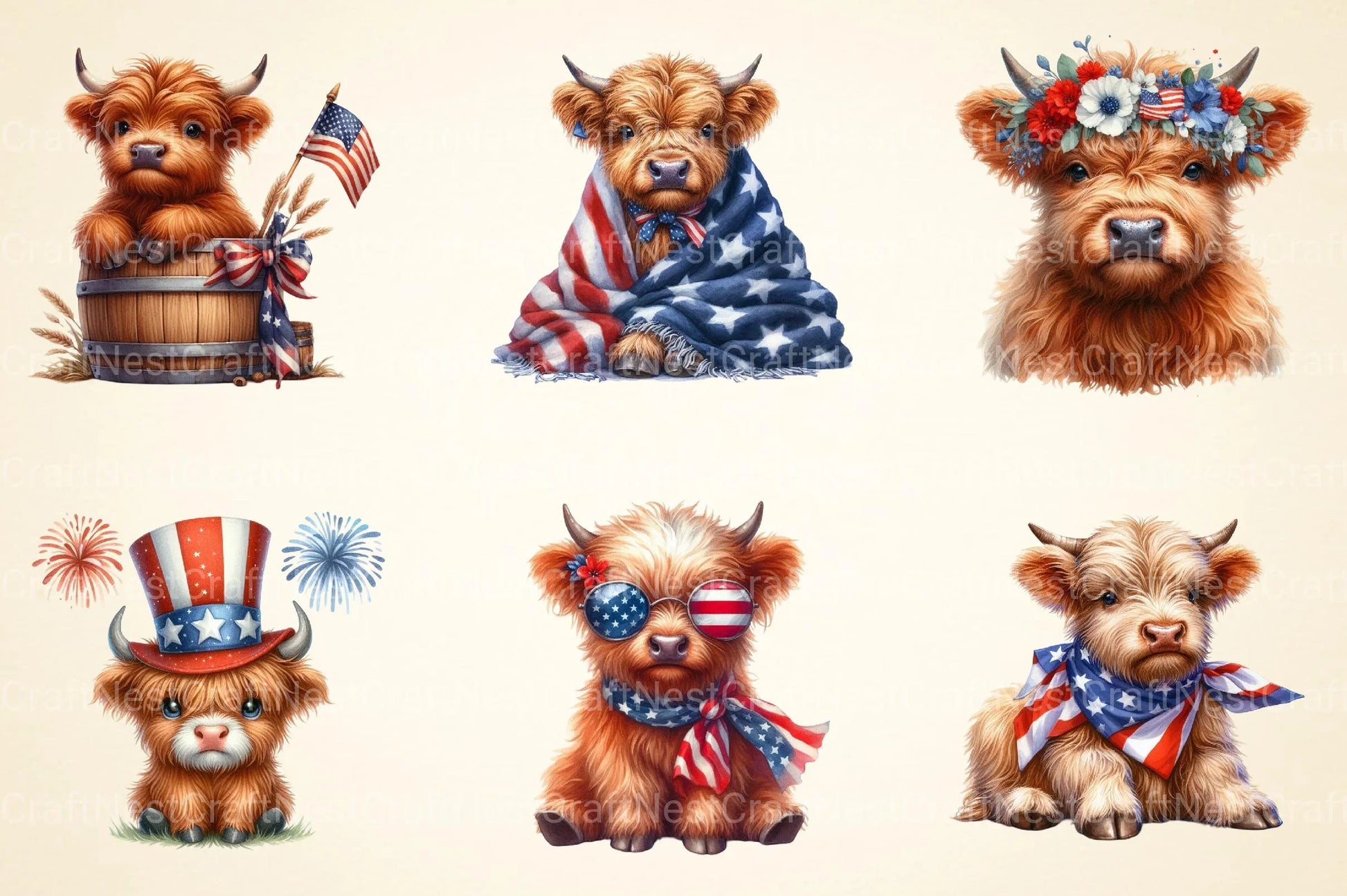 July 4th Highland Cow Clipart - CraftNest - Digital Crafting and Art