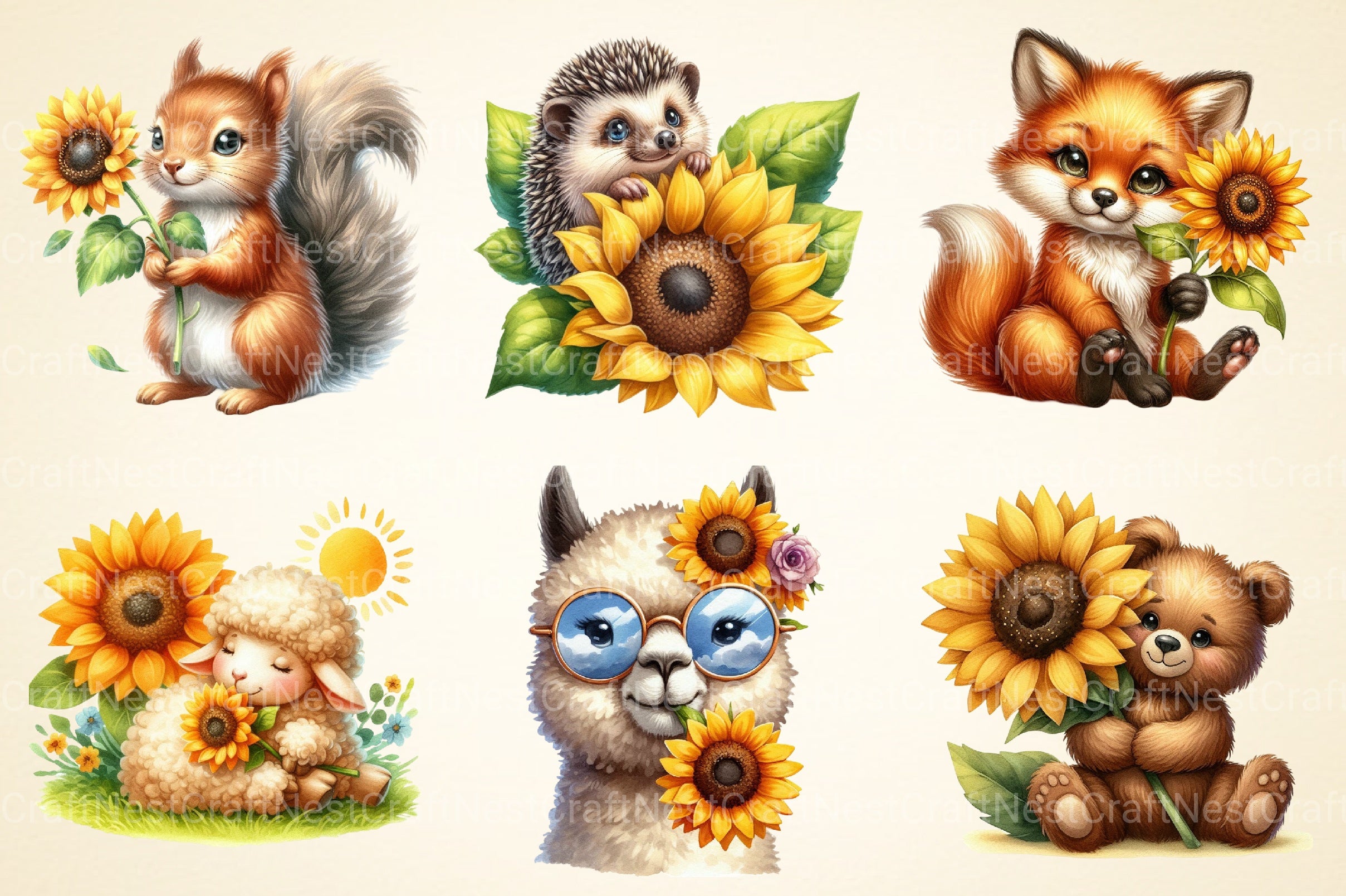 Animal Holding Sunflower Clipart Bundle - CraftNest - Digital Crafting and Art
