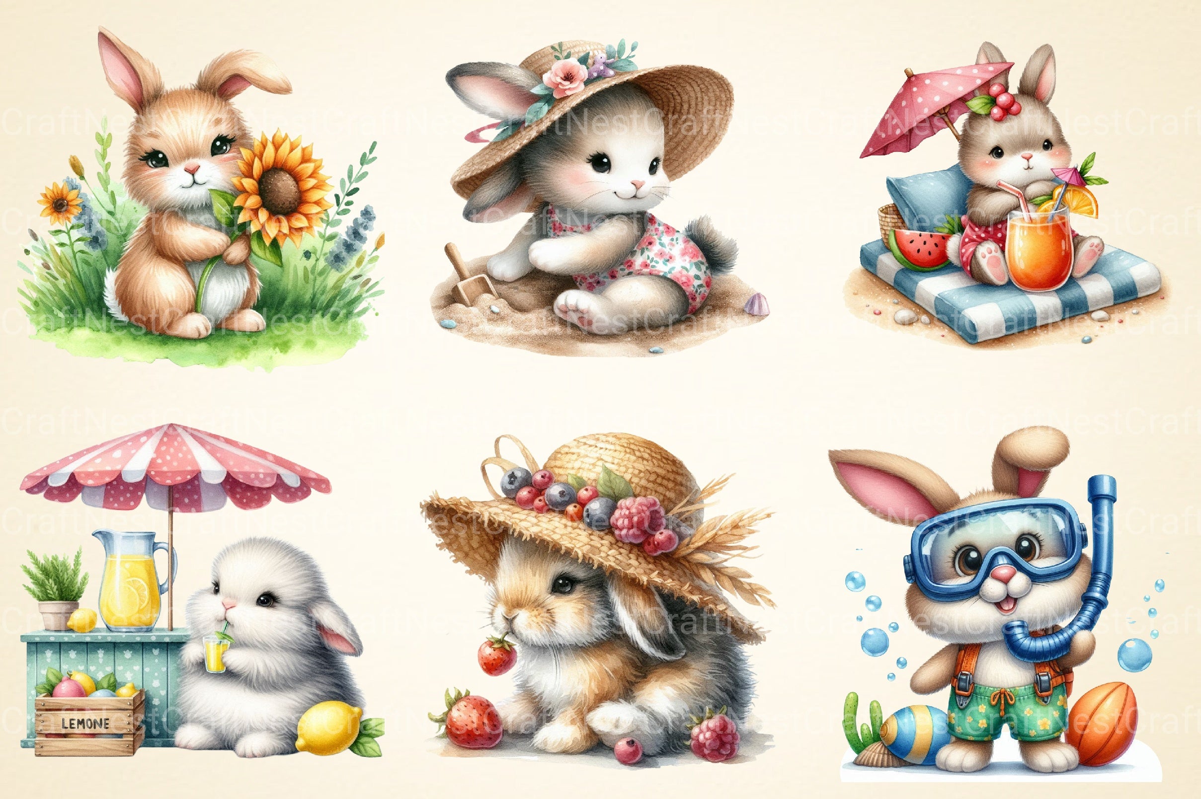 Summer Bunnies Clipart Bundle - CraftNest - Digital Crafting and Art