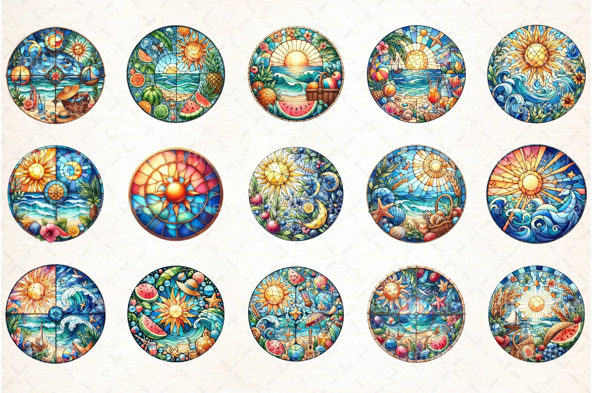 Round Stained Glass Summer Clipart Bundle 45 - CraftNest - Digital Crafting and Art