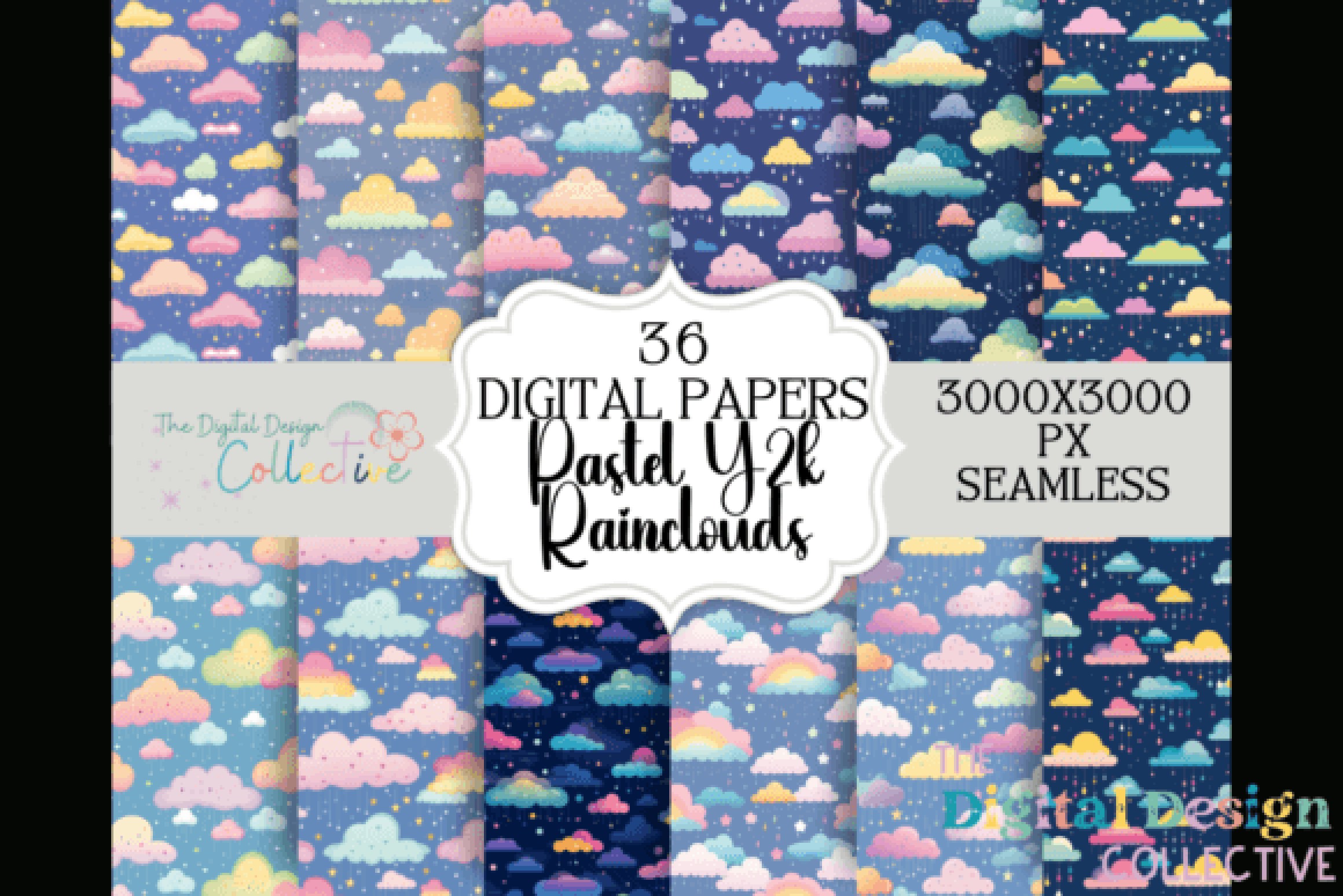 Seamless Pastel Rain Clouds Pattern Digital Paper