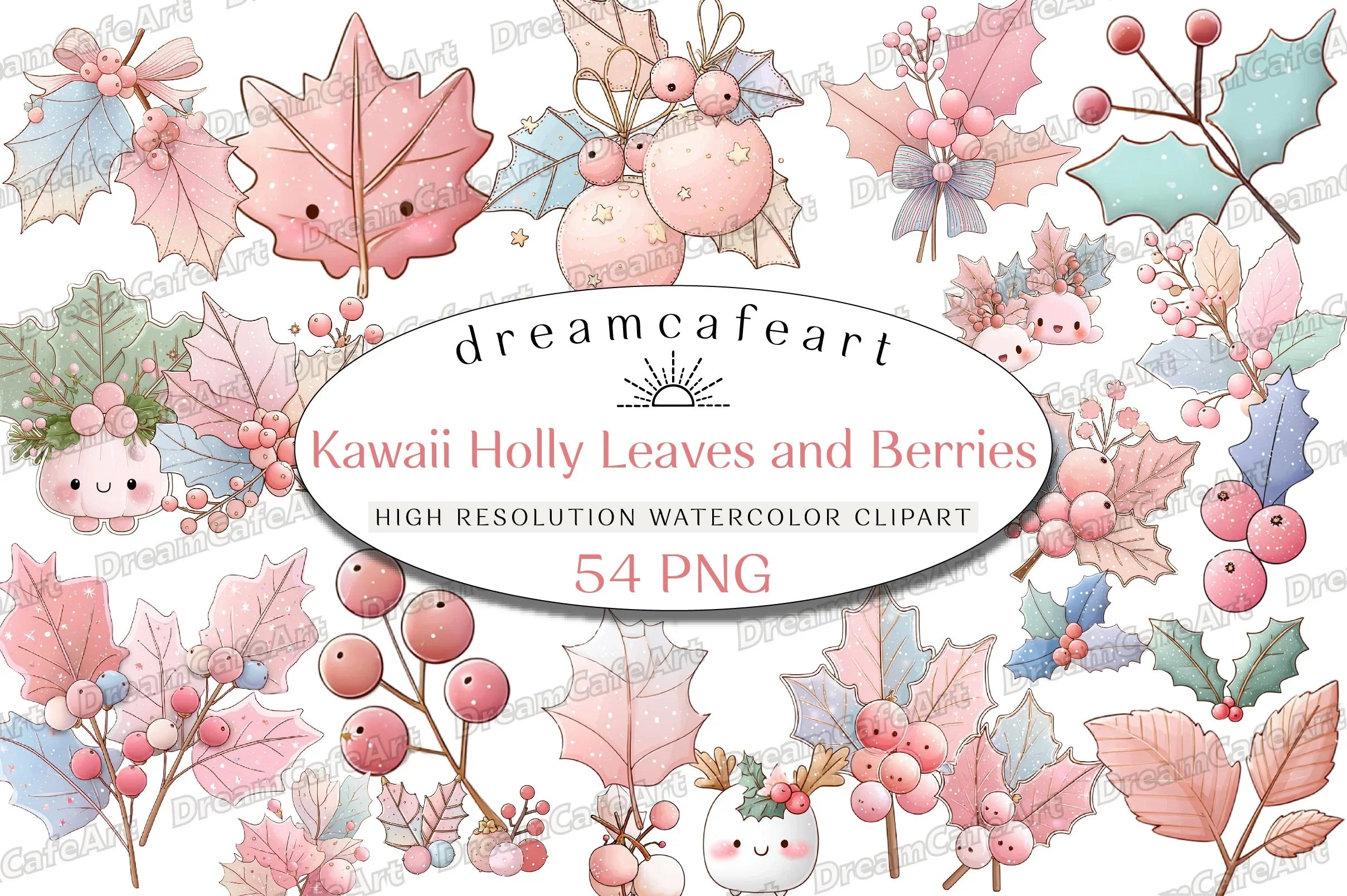 Pastel Kawaii Holly Leaves & Berries Clipart Bundle - CraftNest - Digital Crafting and Art