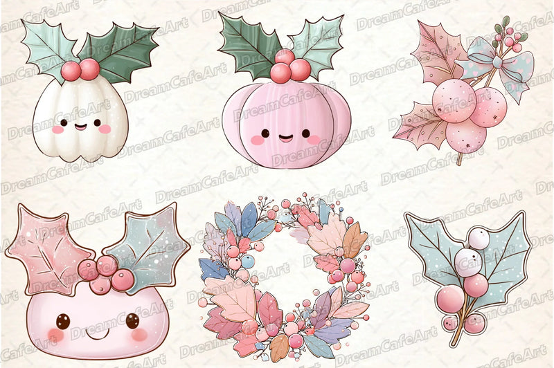 Pastel Kawaii Holly Leaves & Berries Clipart Bundle - CraftNest - Digital Crafting and Art