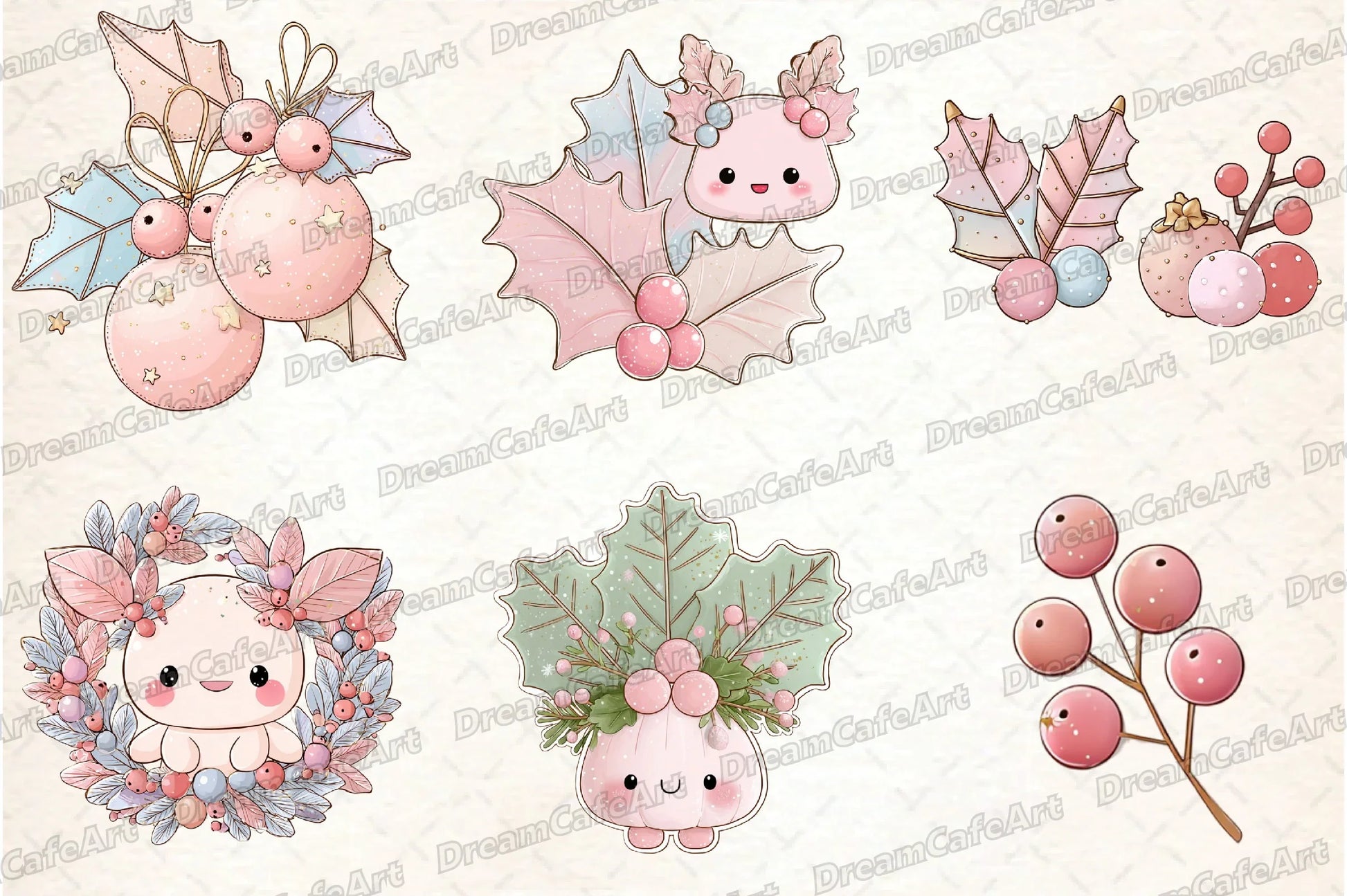 Pastel Kawaii Holly Leaves & Berries Clipart Bundle - CraftNest - Digital Crafting and Art