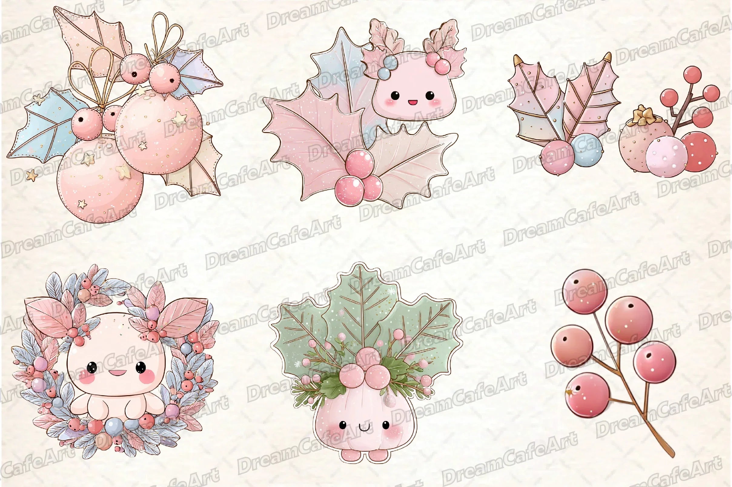 Pastel Kawaii Holly Leaves & Berries Clipart Bundle - CraftNest - Digital Crafting and Art