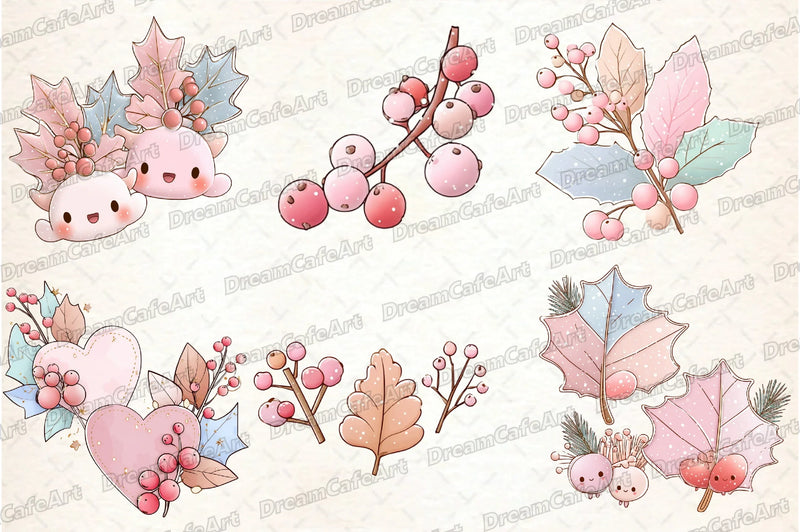 Pastel Kawaii Holly Leaves & Berries Clipart Bundle - CraftNest - Digital Crafting and Art