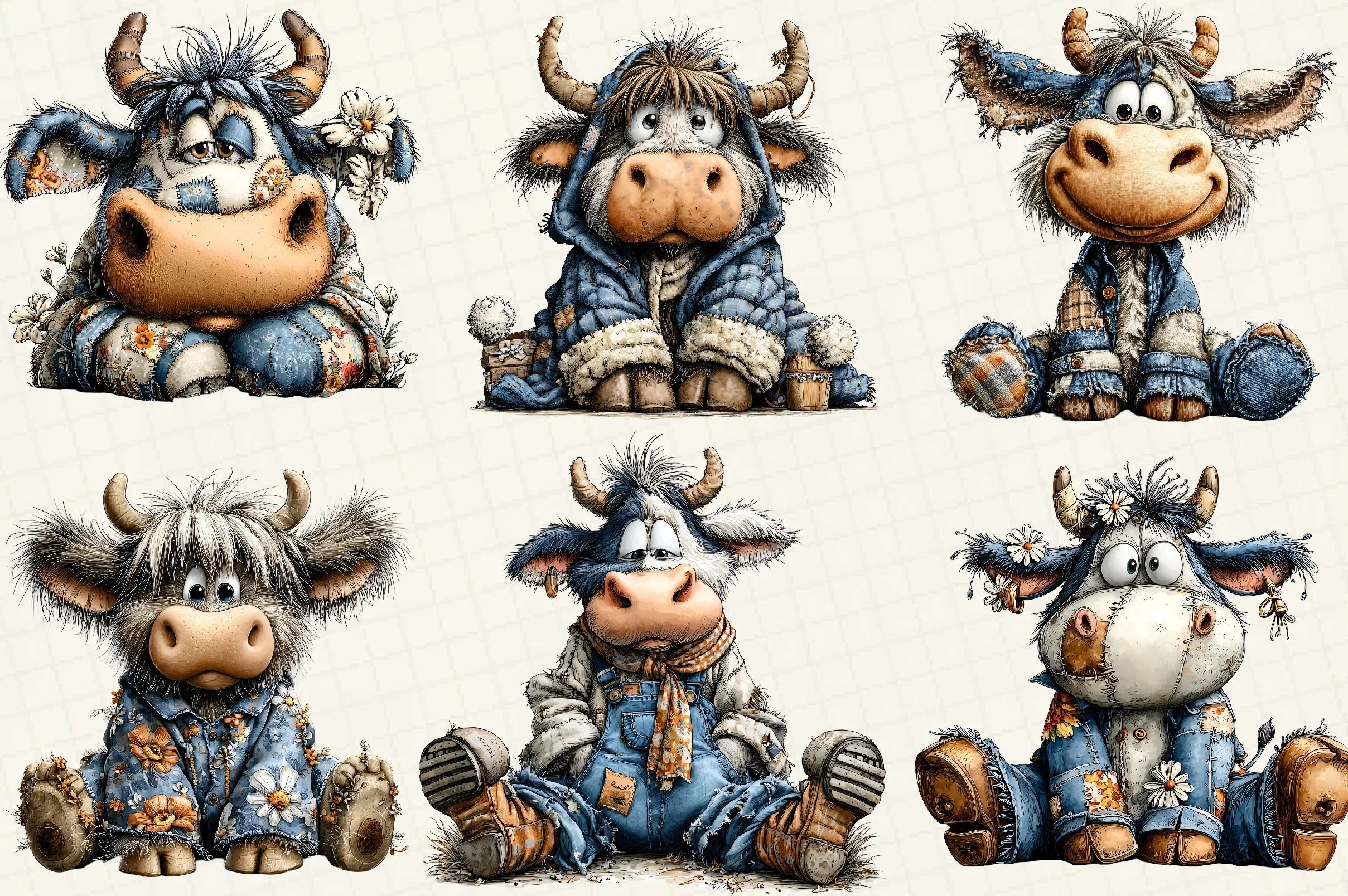 Patchwork Highland Cow Clipart Bundle - CraftNest - Digital Crafting and Art