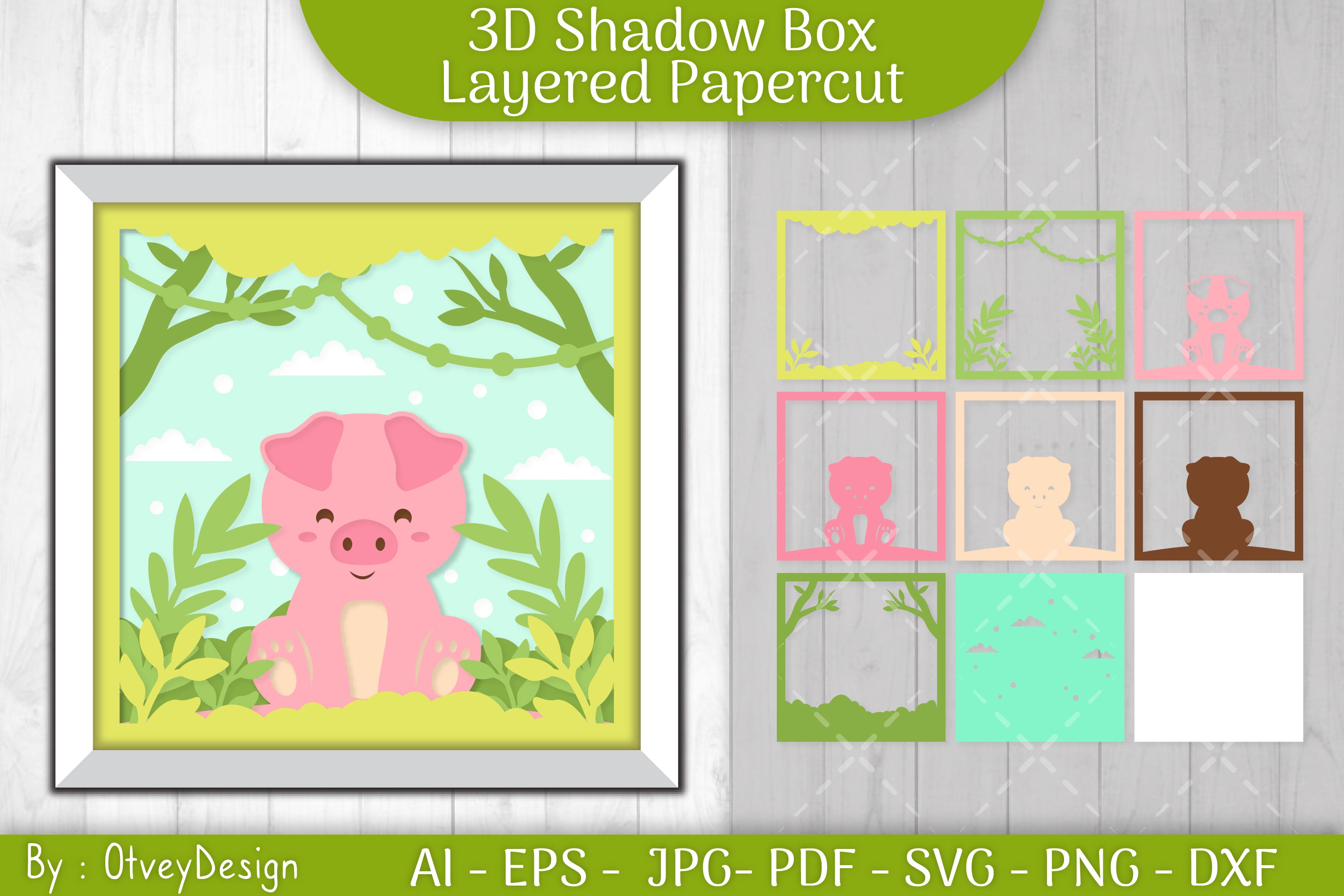 Pig Animals Shadow Box Layered Papercut SVG Bundle