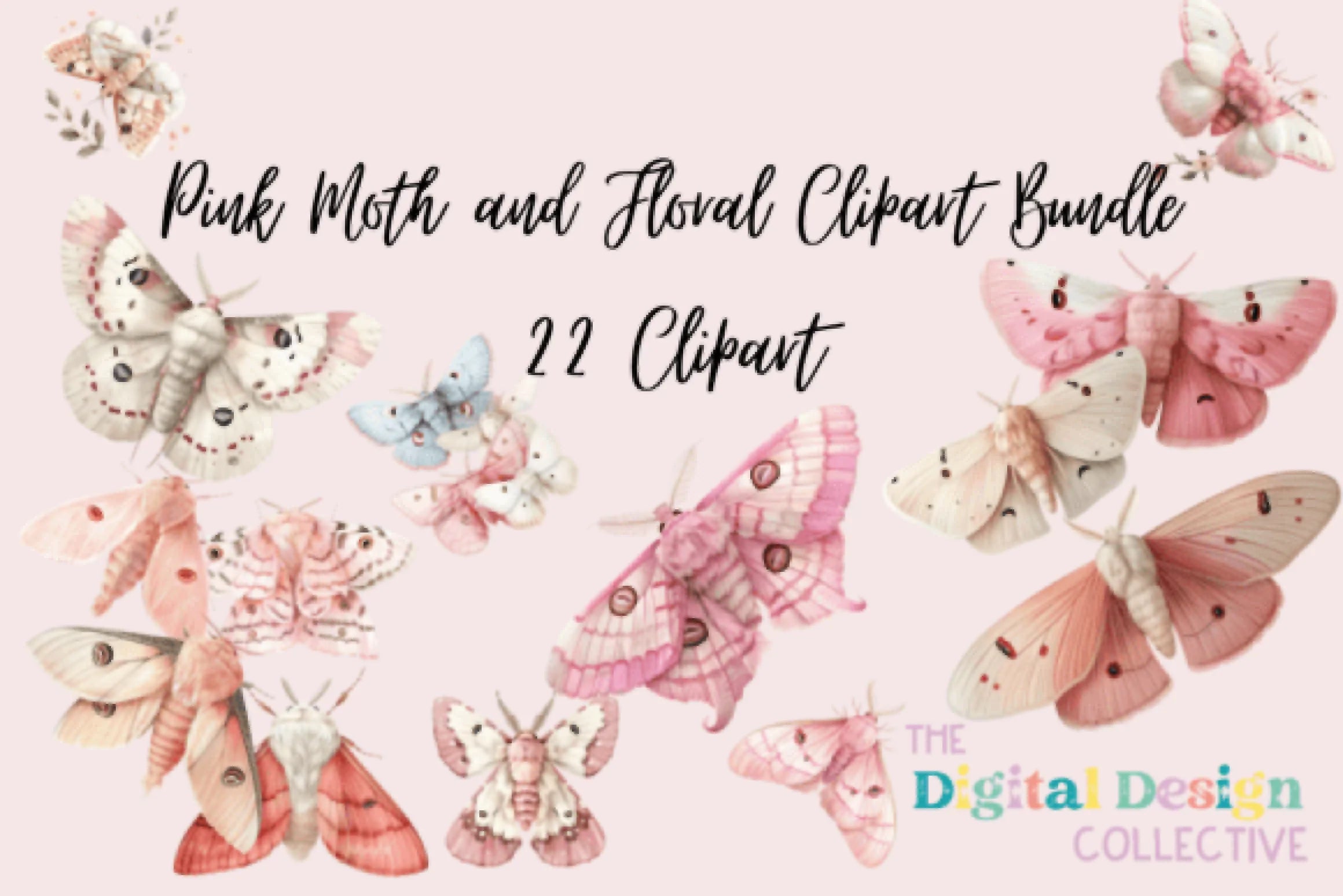 Pink Moth and Floral Clipart Bundle - CraftNest - Digital Crafting and Art