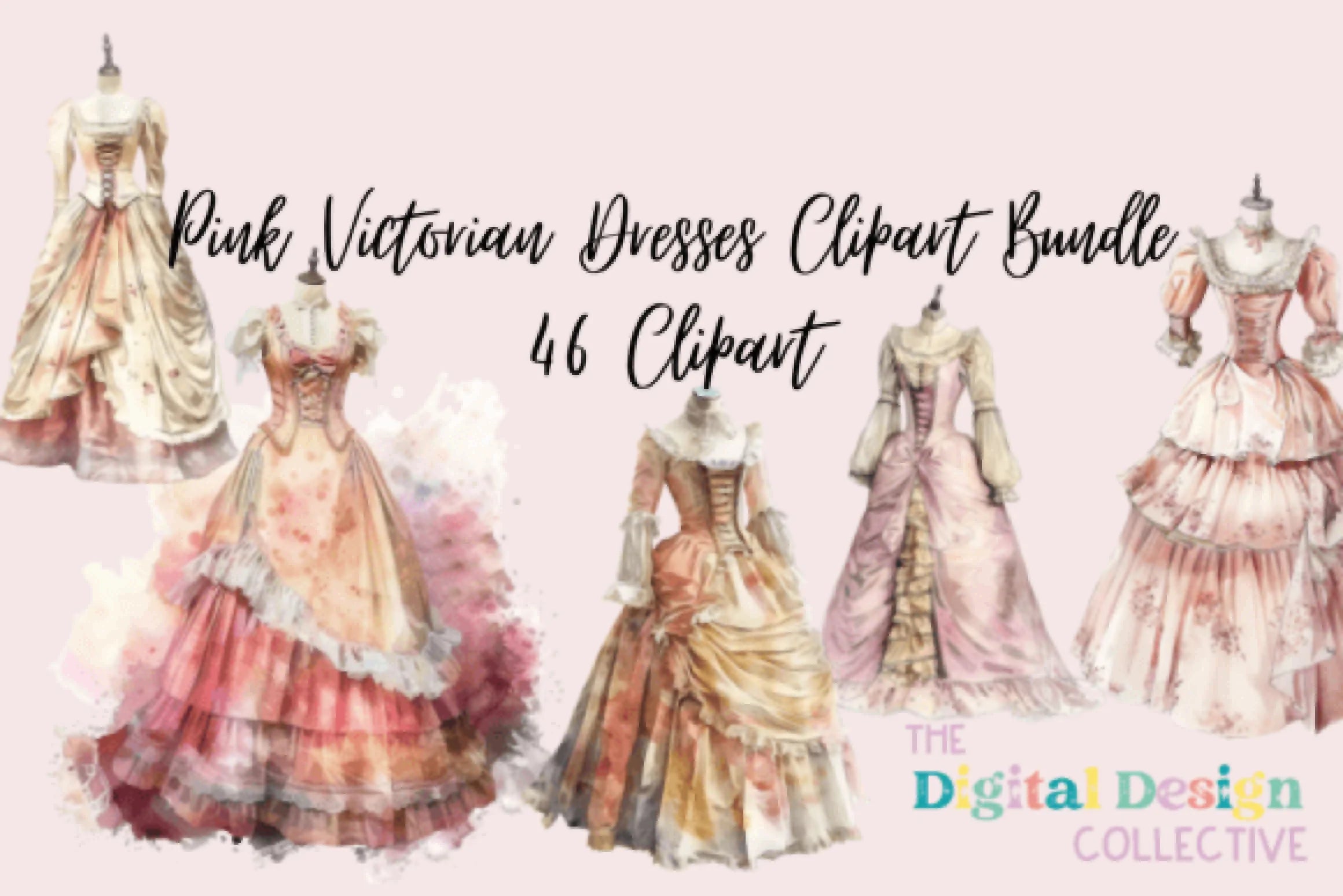 Pink Victorian Dresses Clipart Bundle