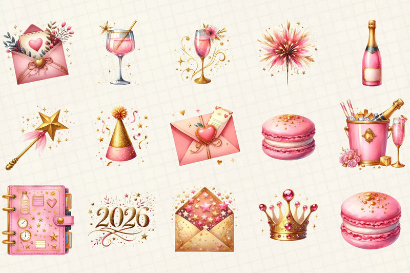 Pink Happy New Year Clipart Bundle - CraftNest - Digital Crafting and Art
