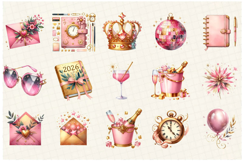 Pink Happy New Year Clipart Bundle - CraftNest - Digital Crafting and Art