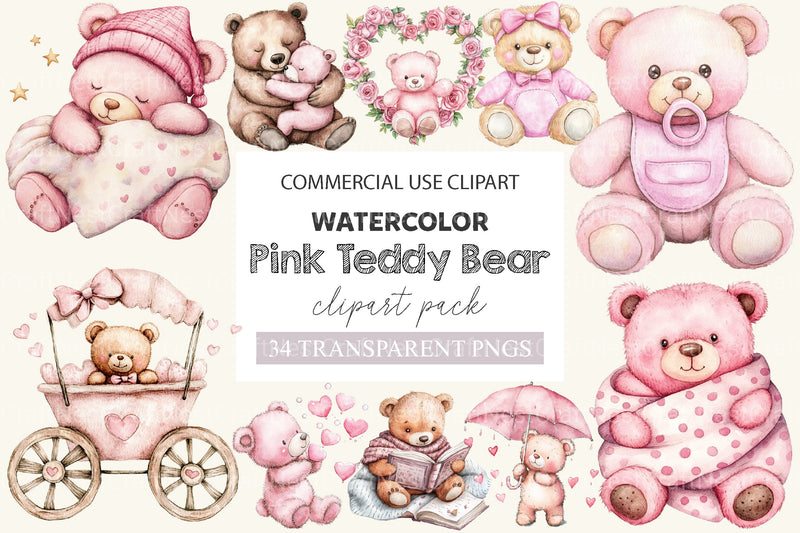 Pink Teddy Bear Baby Shower Clipart Bundle - CraftNest - Digital Crafting and Art