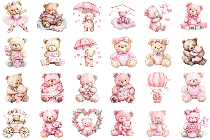 Pink Teddy Bear Baby Shower Clipart Bundle - CraftNest - Digital Crafting and Art