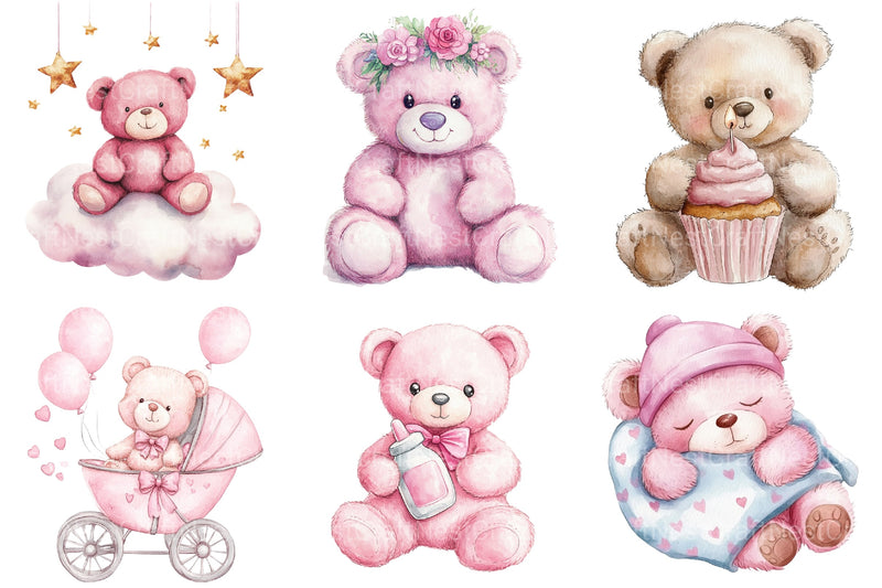 Pink Teddy Bear Baby Shower Clipart Bundle - CraftNest - Digital Crafting and Art