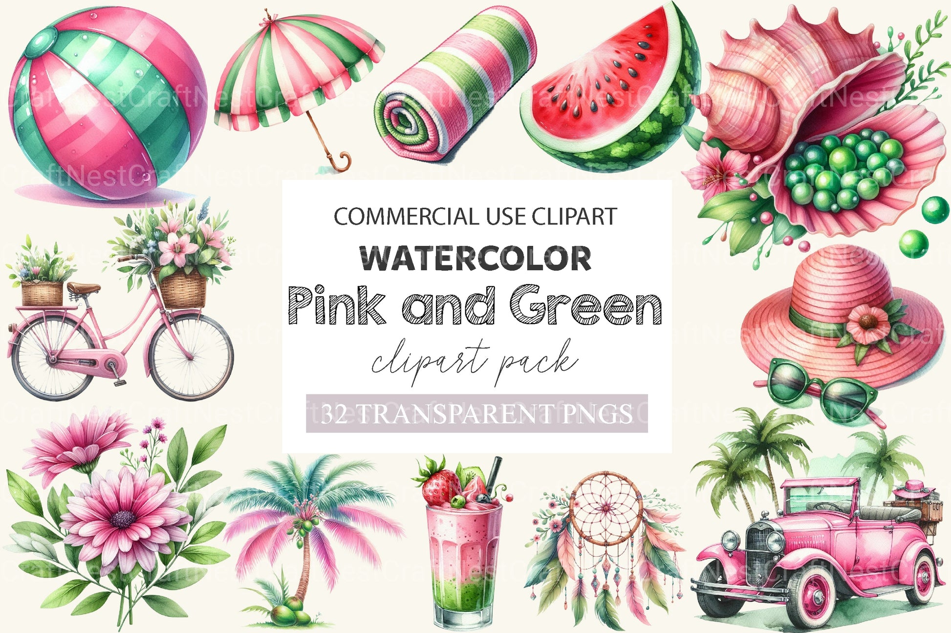 Pink And Green Summer Clipart Bundle 2 - CraftNest - Digital Crafting and Art