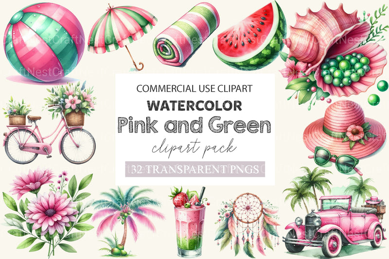 Pink And Green Summer Clipart Bundle 2 - CraftNest - Digital Crafting and Art