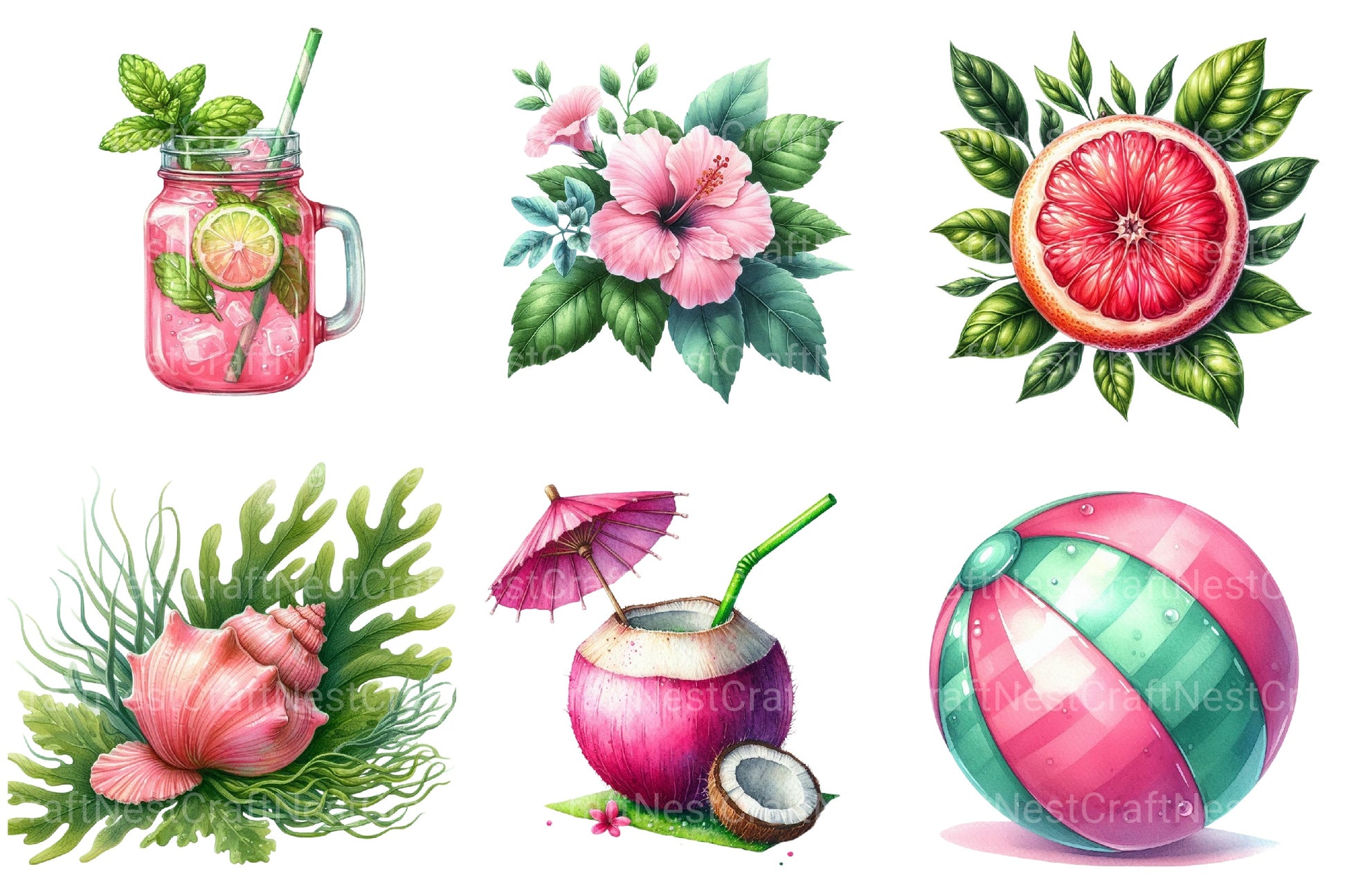 Pink And Green Summer Clipart Bundle 2 - CraftNest - Digital Crafting and Art