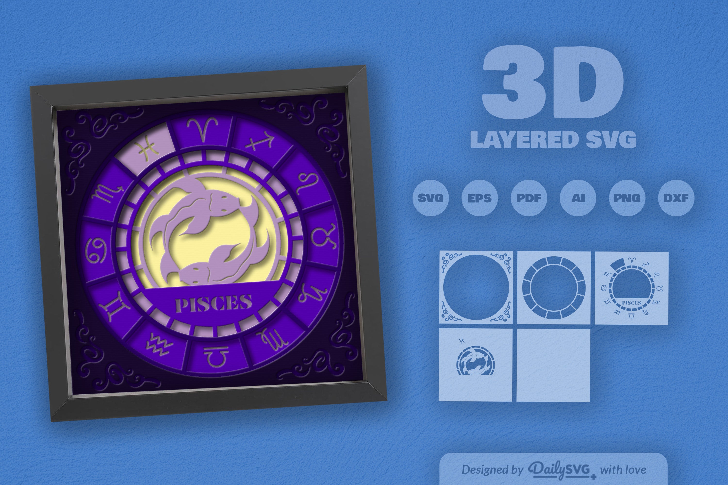 Pisces Zodiac 3D Shadow Box Papercut SVG Bundle