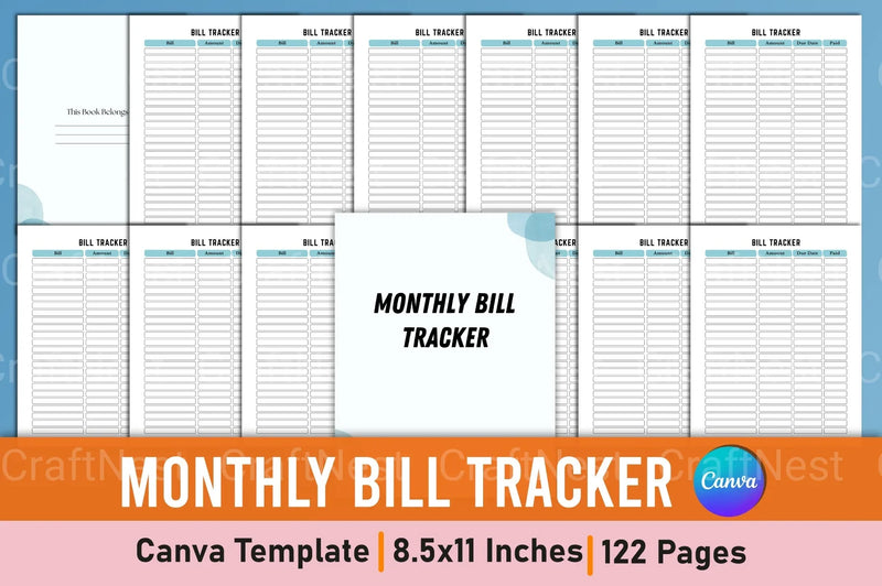 Monthly Bill Tracker Template Canva - CraftNest - Digital Crafting and Art
