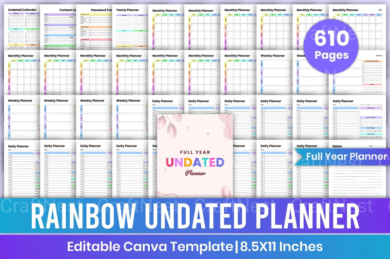 Rainbow Undated Planner for Daily Organization - CraftNest - Digital Crafting and Art