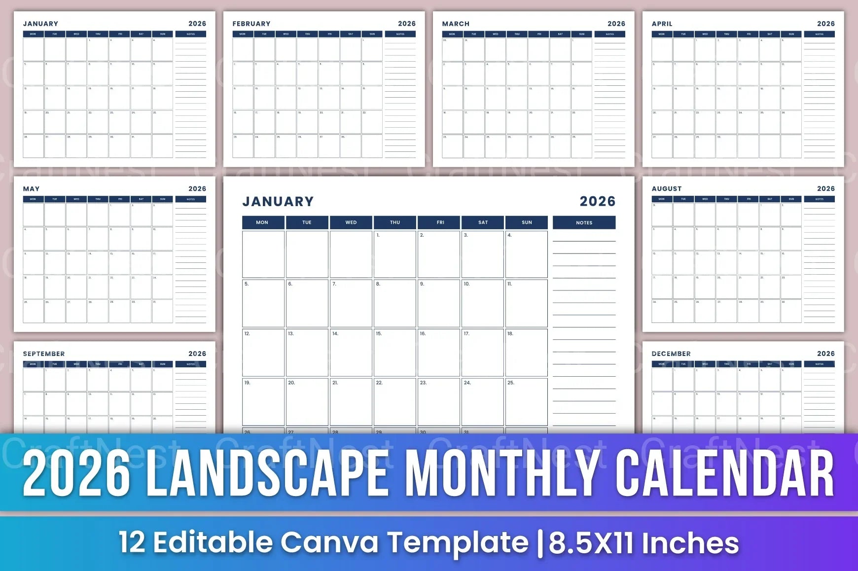 Landscape Monthly Calendar 2024 - CraftNest - Digital Crafting and Art