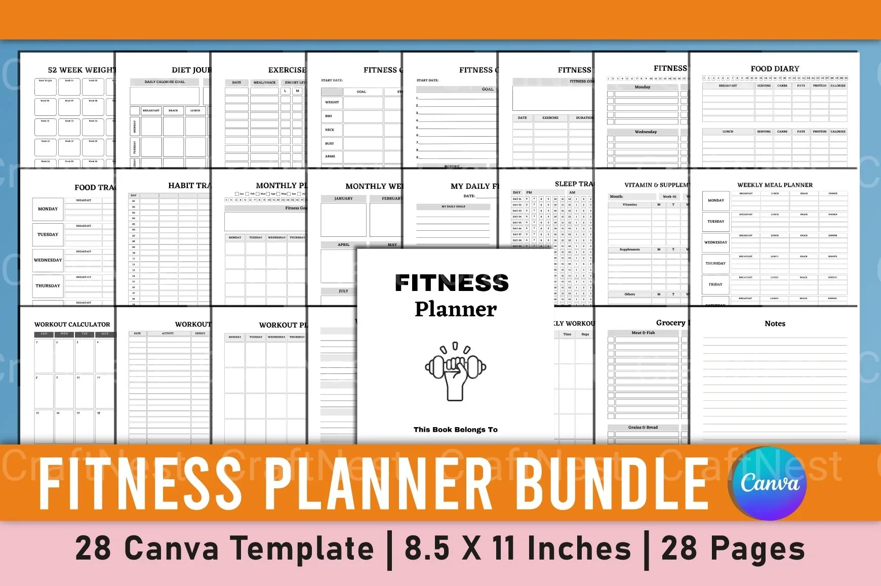 Customizable Fitness Planner Canva Template - CraftNest - Digital Crafting and Art
