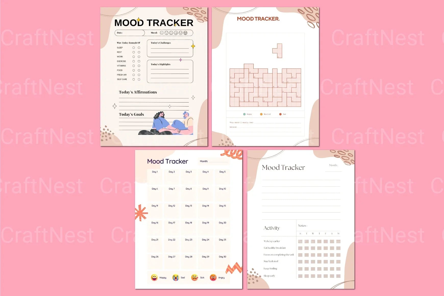 Mood Tracker Template for Improved Well-being - CraftNest - Digital Crafting and Art