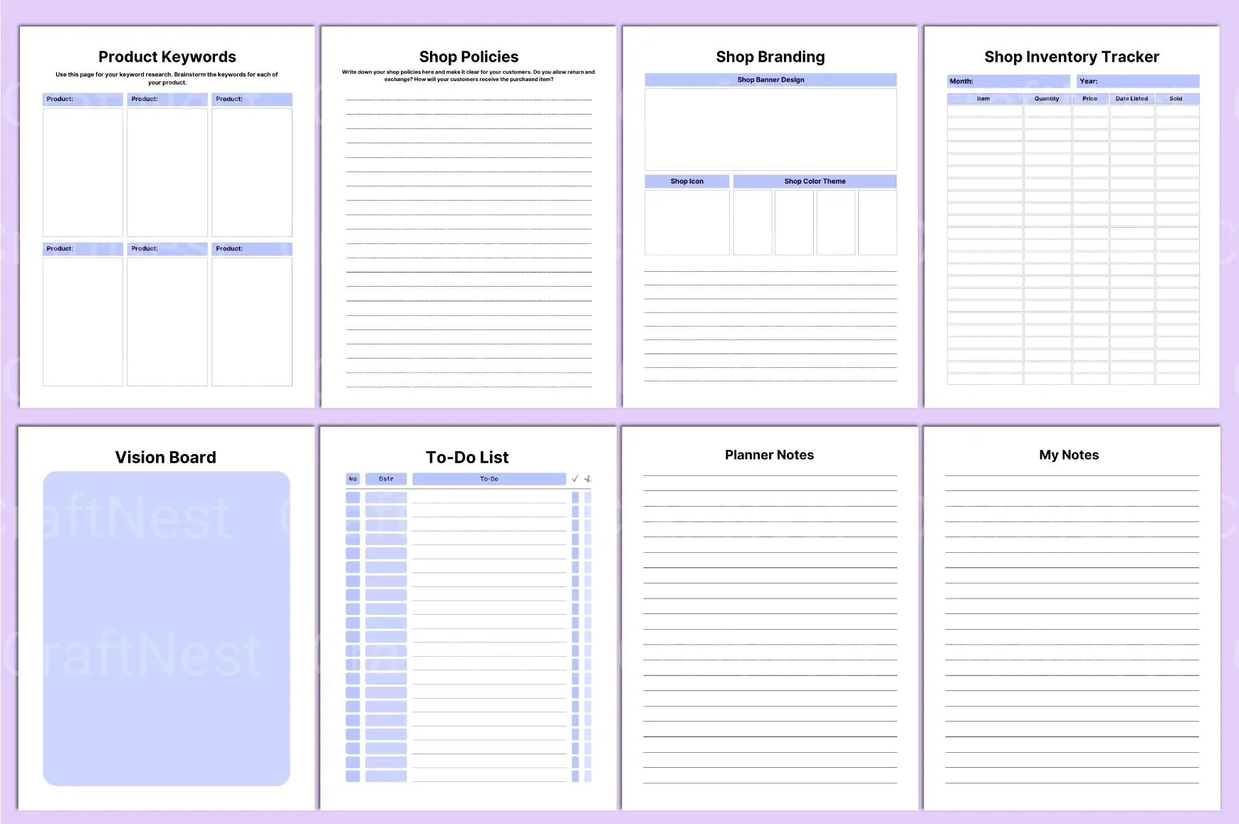 Online Shop Planner Template - CraftNest - Digital Crafting and Art