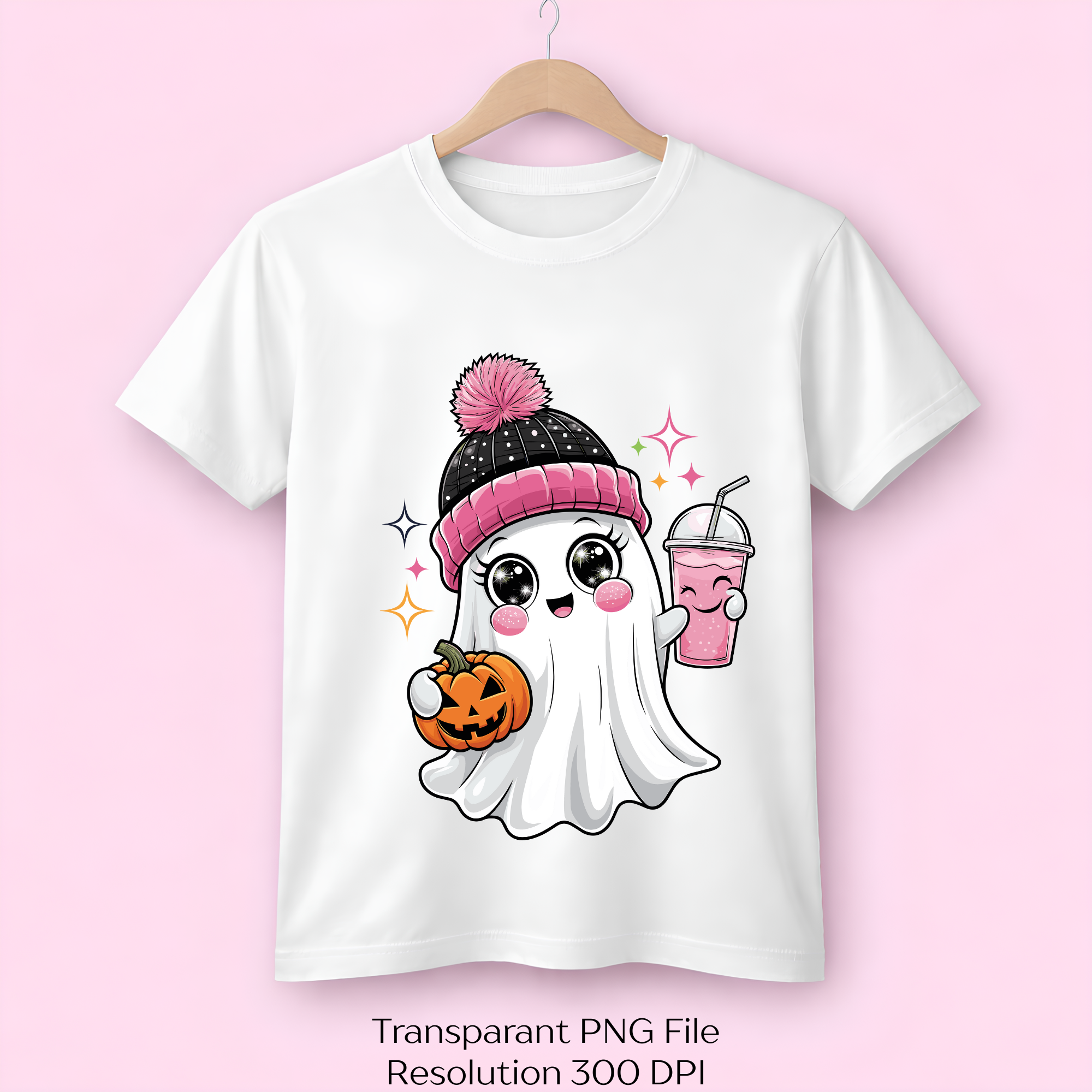 Cute Pink Beanie Ghost Pumpkin Halloween Clipart Bundle