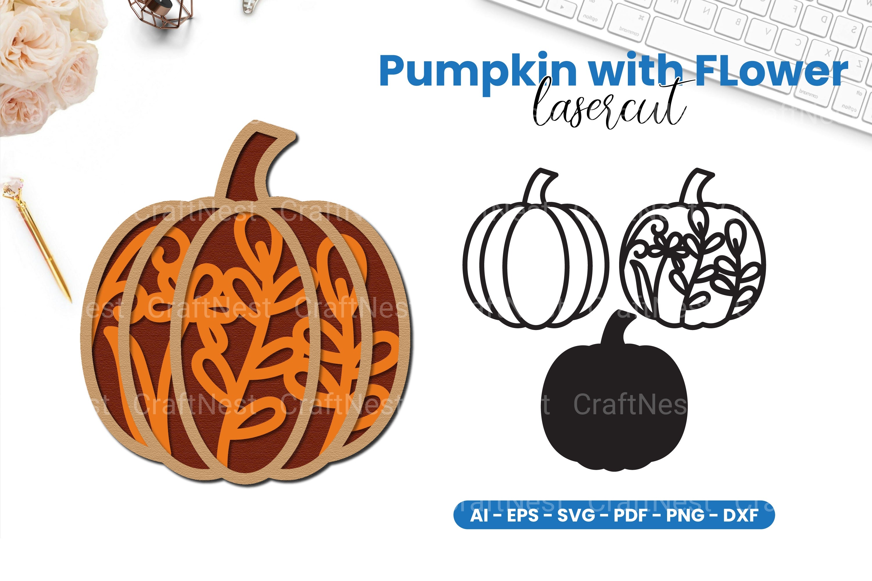 Pumpkin with Flower Lasercut SVG Clipart Bundle