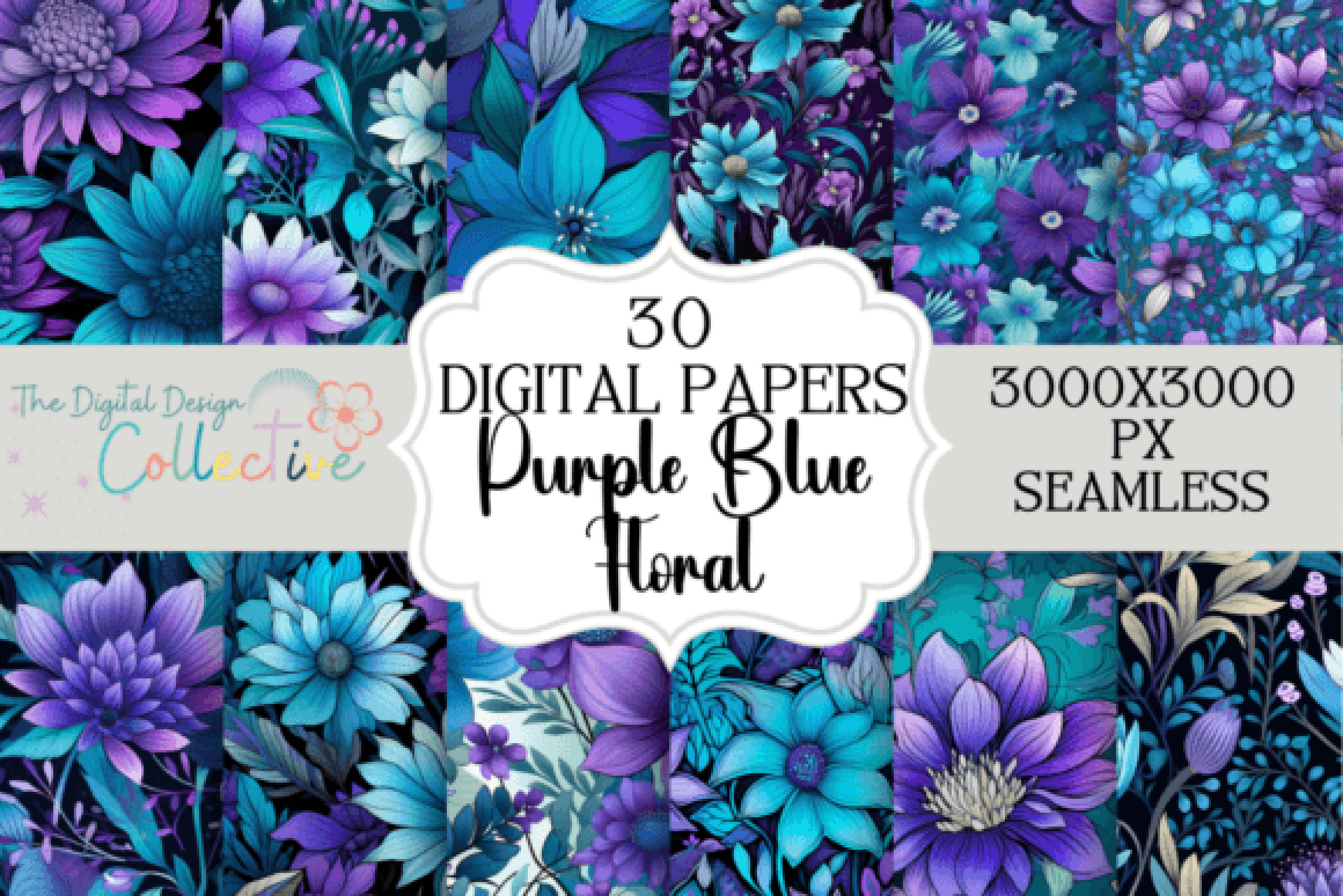 Purple & Blue Flowers Seamless Digital Paper