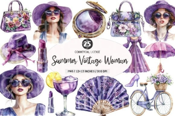 Purple Summer Vintage Woman Clipart Bundle - CraftNest - Digital Crafting and Art