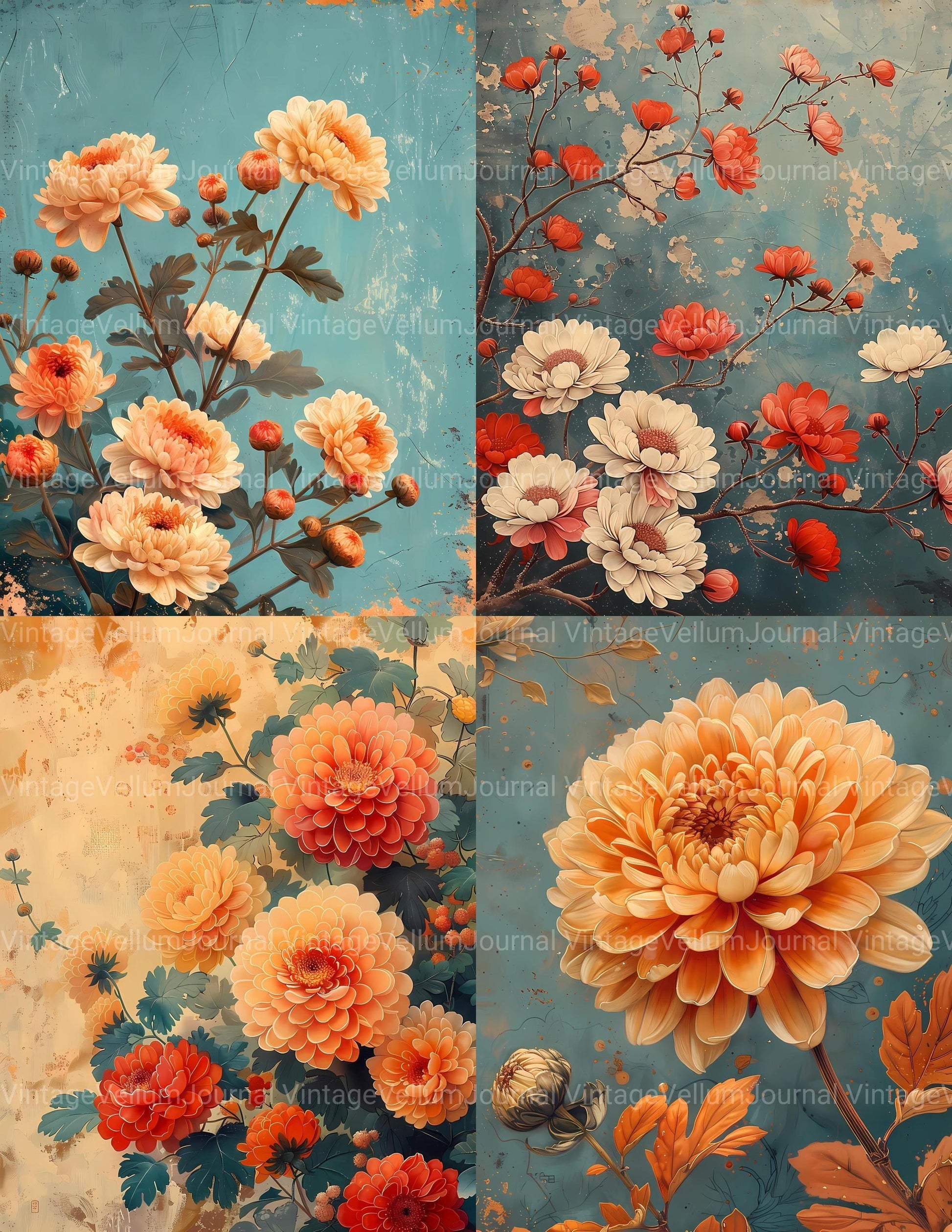 Chrysanthemums Flowers Junk Journal Pages - CraftNest