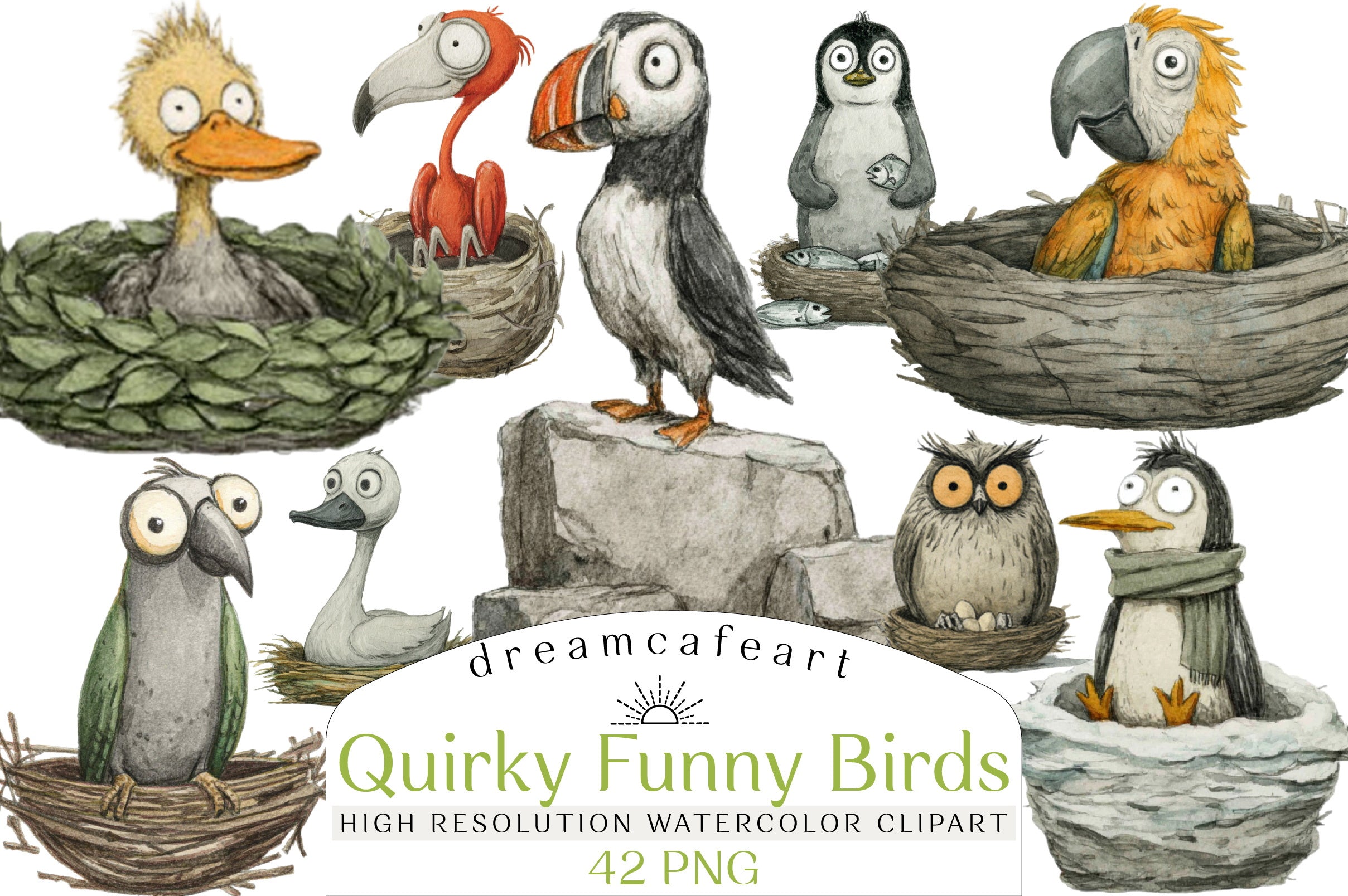Quirky Funny Birds Clipart Bundle
