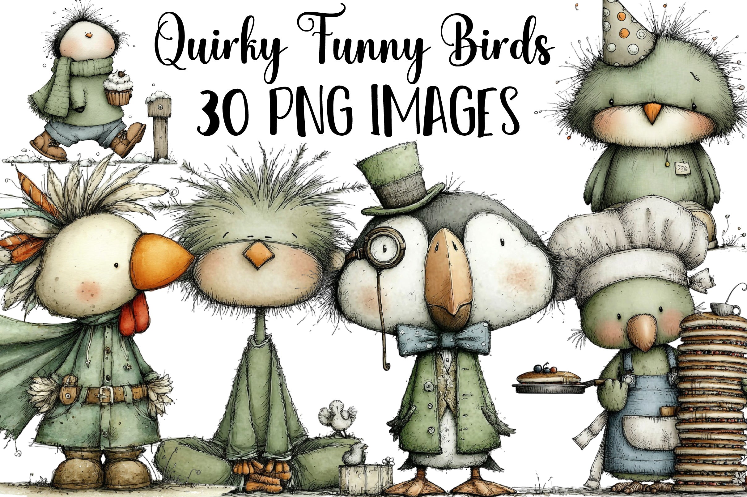 Quirky Funny Birds Clipart Bundle